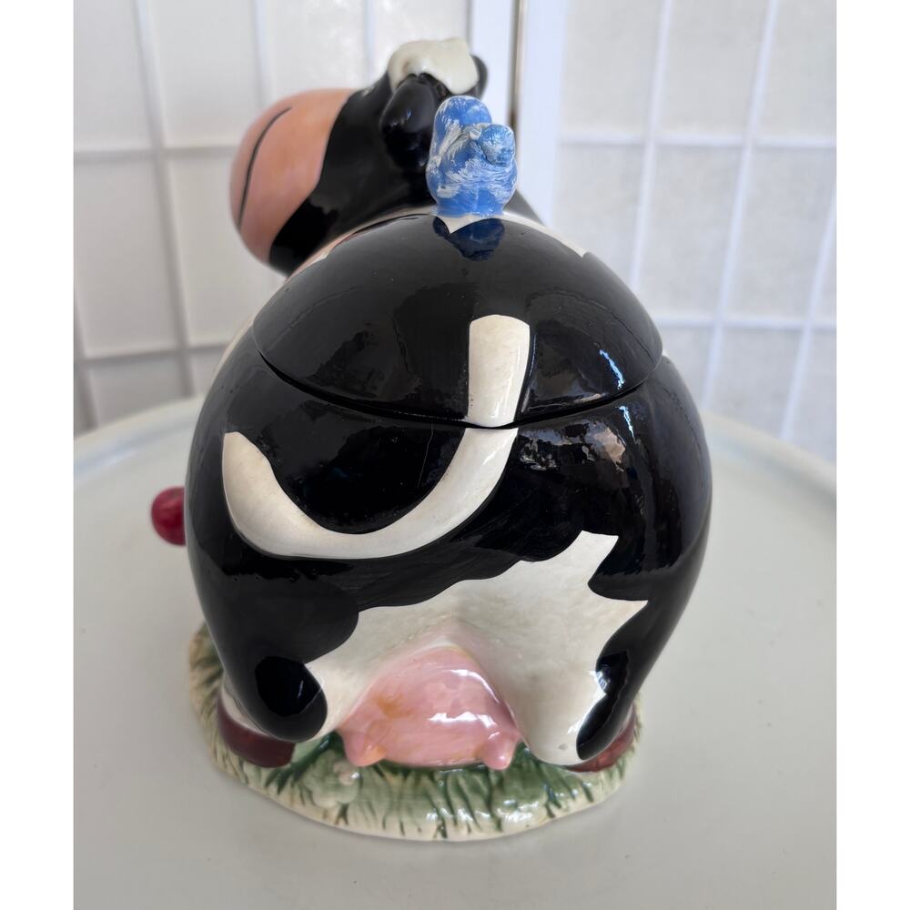 Cow Cookie Jar Farmhouse Country Kitchen Decor Ceramic Black White Apples - Picture 5 of 11